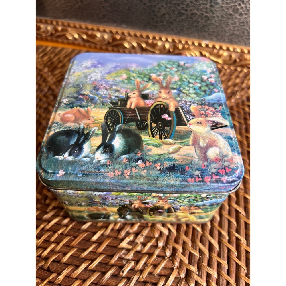 Vintage Rabbit Garden Scene Decorative Metal Tin Storage Box Cottagecore Easter